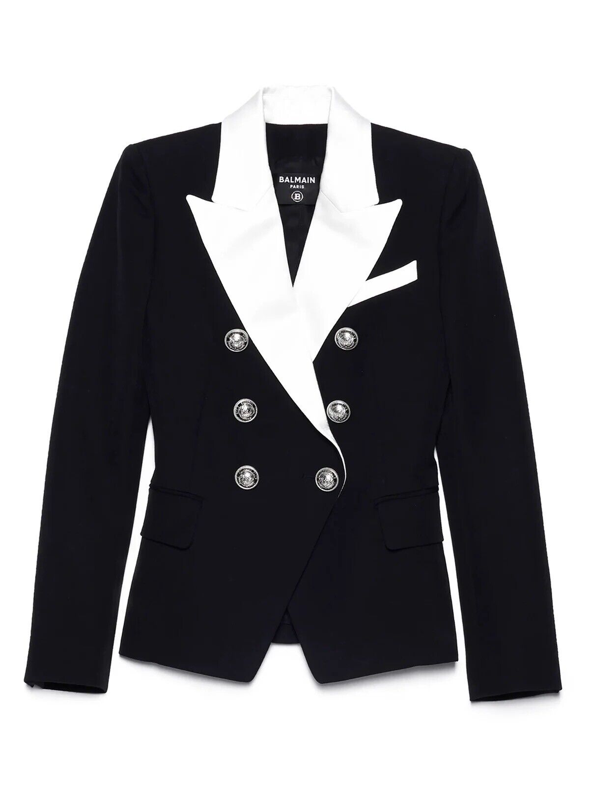 Balmain Double-breasted Wool Contrasting Collar Blazer In Black Size F 38 UK 10 ladies