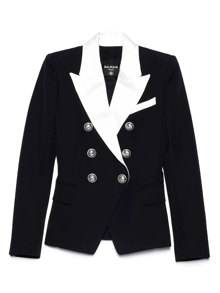 Balmain Double-breasted Wool Contrasting Collar Blazer In Black Size F 38 UK 10 ladies