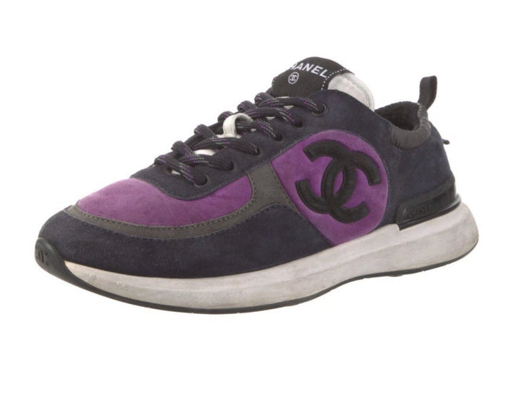 CHANEL by Virginie Viard Navy Purple CC Logo Suede Leather Trainers Size 37.5 ladies