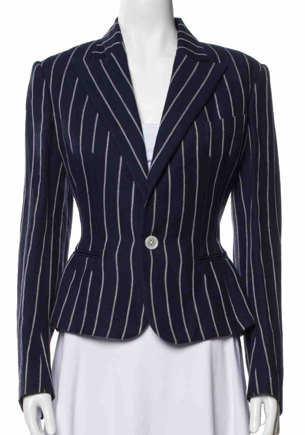Ralph Lauren Collection Stripped Linen Fitted Single Breasted Blazer Jacket US 8 ladies