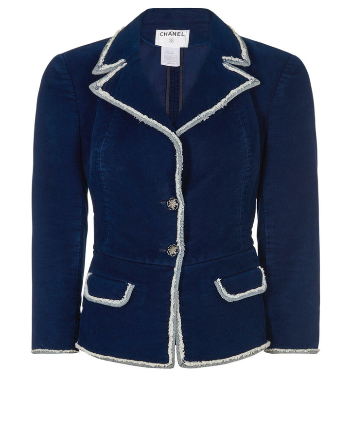 CHANEL Iconic 2007 Edge Detailed Jeans Denim Corset Jacket Size F 40 UK 12 US 8 ladies