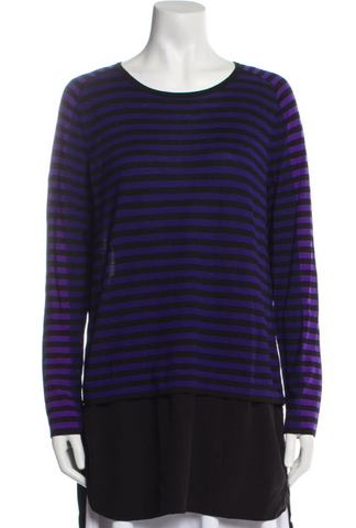 AKRIS Punto 100% Wool Tunic Top Silk Shirttail Underlay Stripe Black Purple US10 ladies