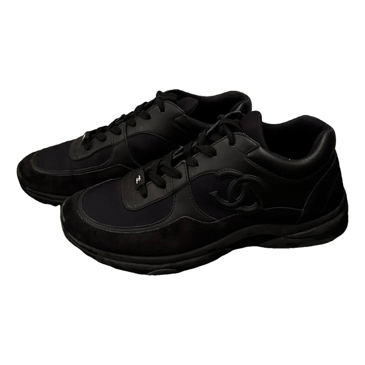 CHANEL Fabric Calfskin Suede CC Sneakers Trainers 37.5 UK4.5 US 7.5 ladies