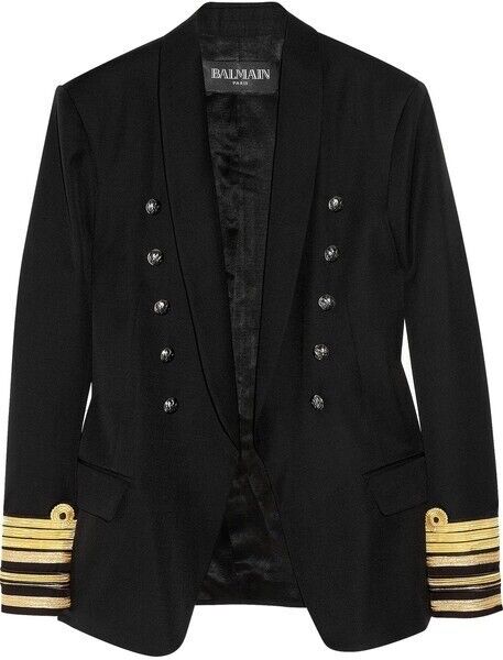 BALMAIN Black Military Jacket Gold Embellished Sleeves Blazer Size F 38 ladies