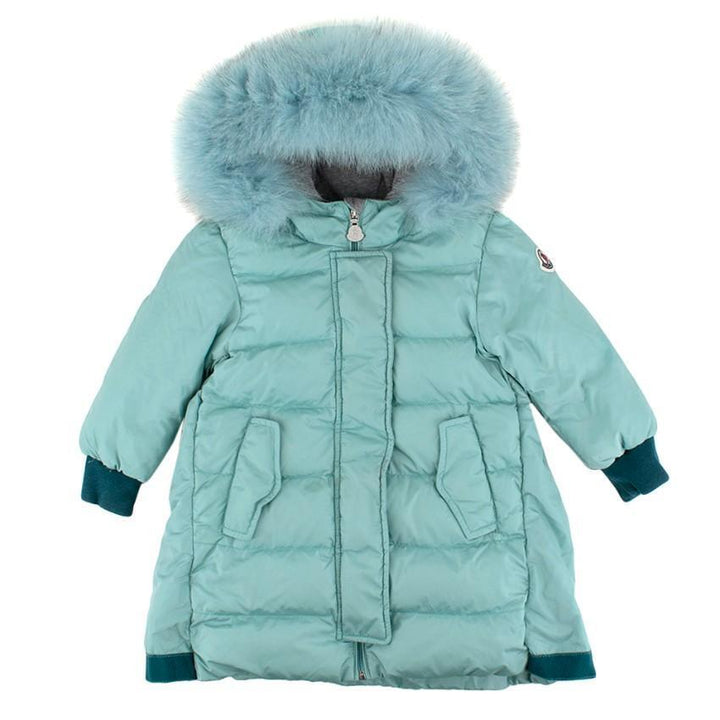 Moncler Turquoise Fox Fur Trim -Hooded Padded Kids Parka Jacket Sz 12-18 months children