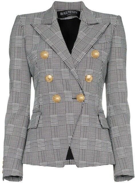 Balmain Double-breasted Cotton-blend Prince Of Wales Blazer Size F 40 UK 12 ladies