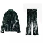 Zara Green Sequin Trouser Pants Suit Set Size XS-S ladies