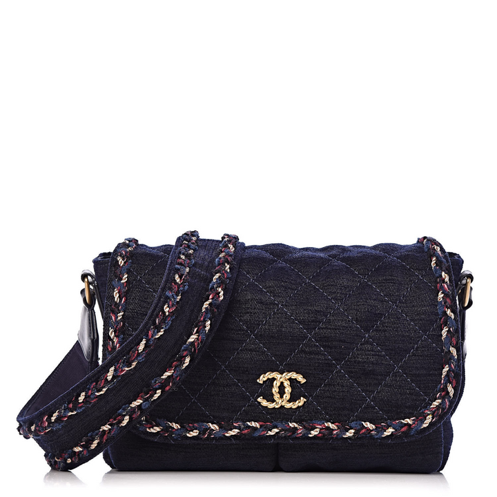 CHANEL Runaway Navy Blue Quilted Velvet Wool Parisian Stroll Messenger Bag ladies