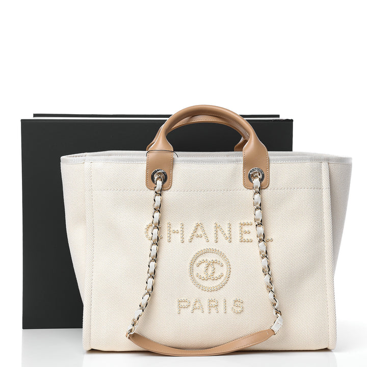 CHANEL 2020 Limited Canvas Pearl Large Deauville Tote Ecru Beige Shopping Bag ladies