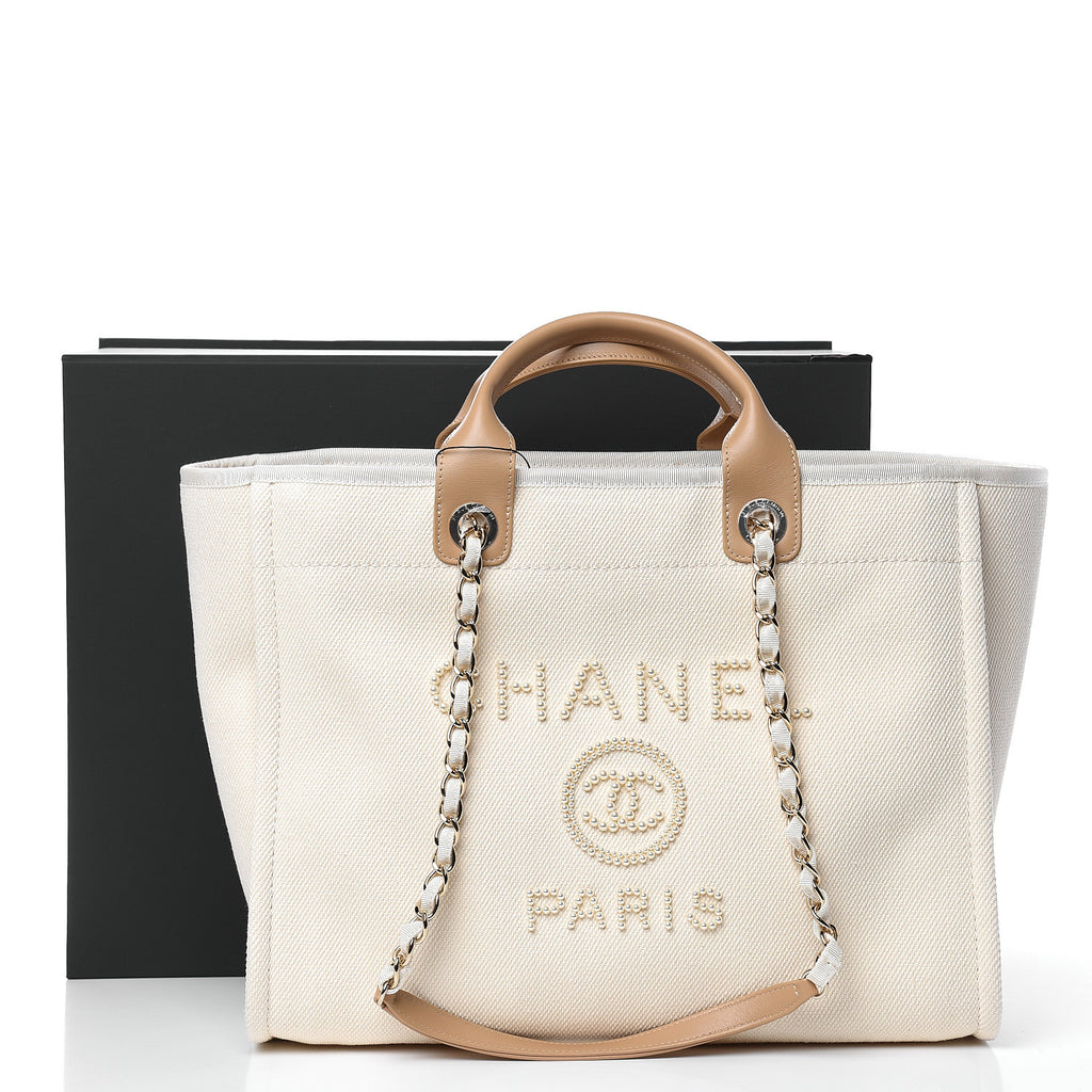 CHANEL 2020 Limited Canvas Pearl Large Deauville Tote Ecru Beige