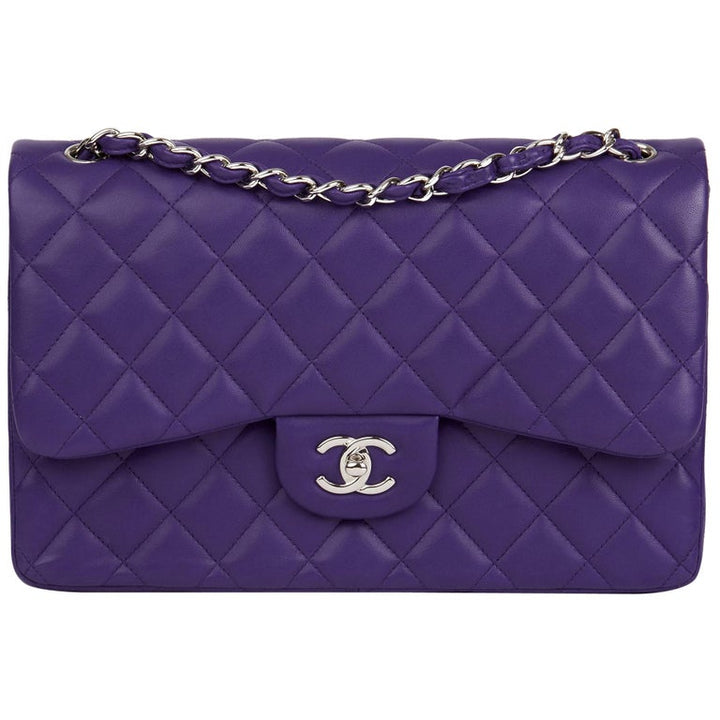 CHANEL Lambskin Quilted Jumbo Double Flap Purple Bag Handbag ladies