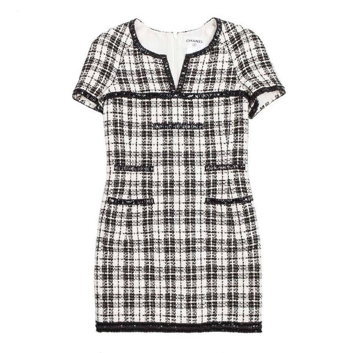 CHANEL Black/White Cotton Blend Tweed Short Sleeved Dress Ladies