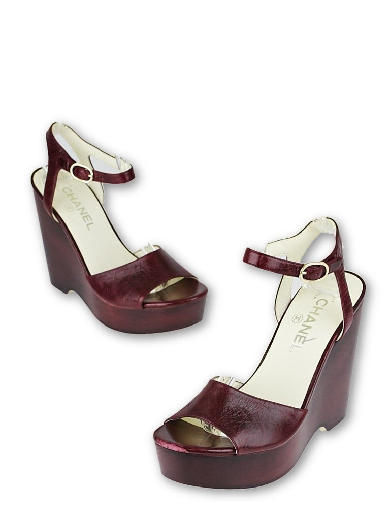 CHANEL Burgundy Leather Platform Wedge Sandals Size 37 1/2 Ladies –  Afashionistastore