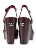 CHANEL Burgundy Leather Platform Wedge Sandals Size 37 1/2 Ladies
