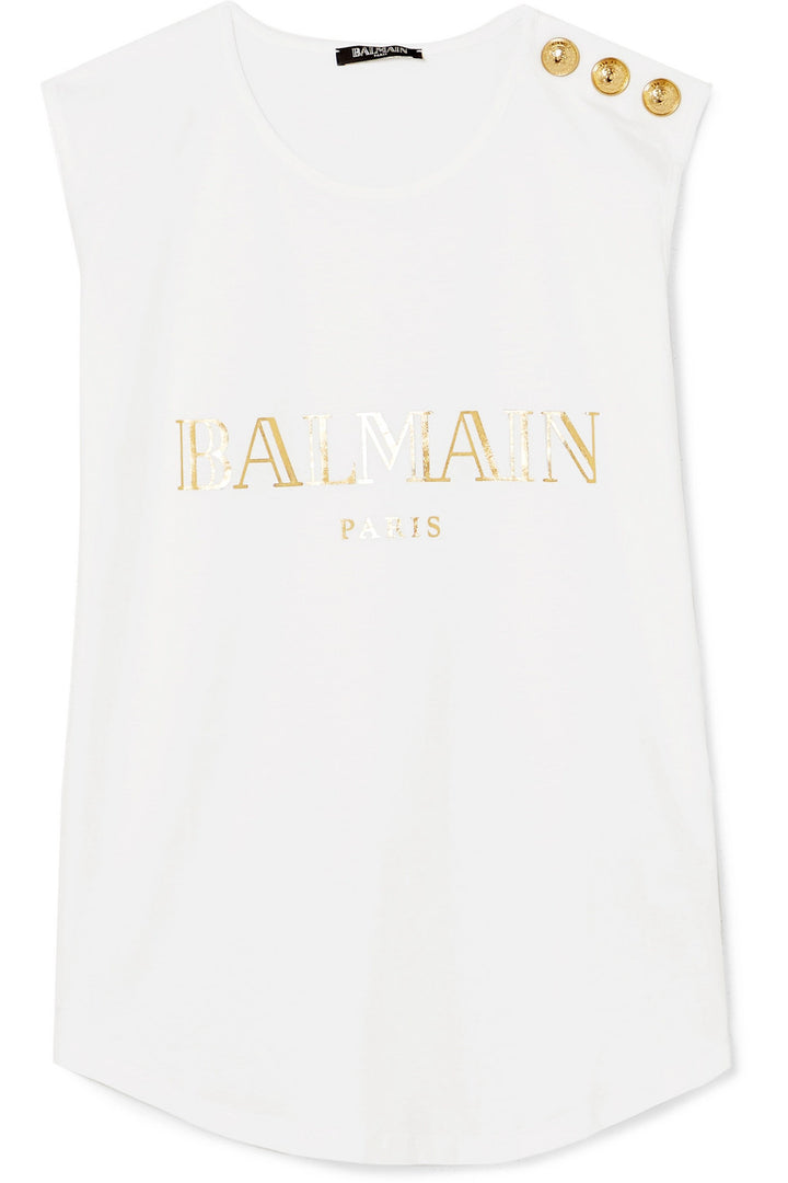 BALMAIN White Button-embellished printed Sleeveless Top T-shirt Ladies