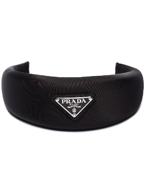 Prada headband with signature triangle and logo at top ladies