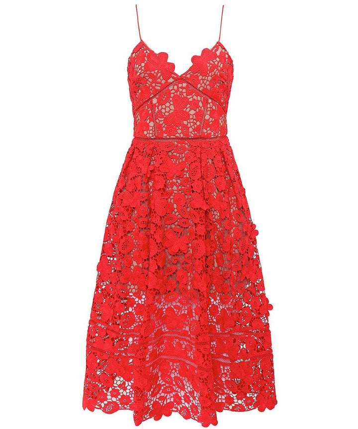 Self Portrait Azaelea Red Heavy Lace Midi Dress SIZE UK 10 US 6 Ladies