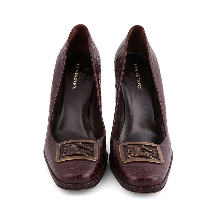 BURBERRY BROWN CROCO PUMPS SHOES PRORSUM BUCKET SIZE 39 1/2 LADIES