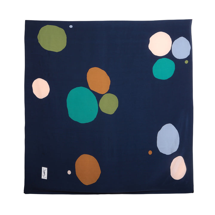 YVES SAINT LAURENT NAVY BLUE DOTS PRINTED SILK SCARF