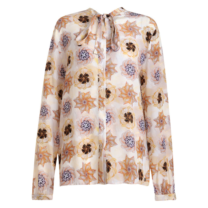 John Galliano Long Sleeve Shirt  Bow Collar Silk Flower Print Size 44 Ladies