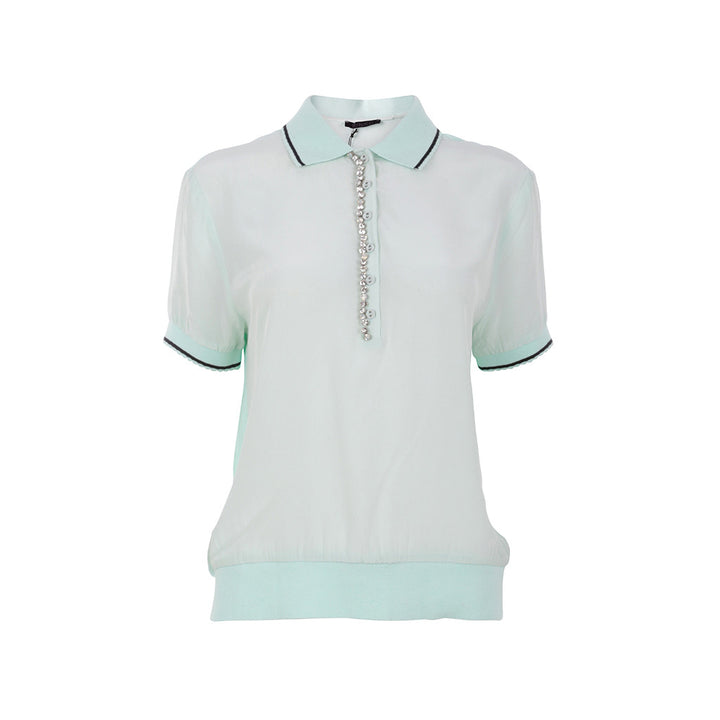 Pinko Polo Neck Women's Silk Crystals Trim Top T-shirt Size L Large NEW Ladies