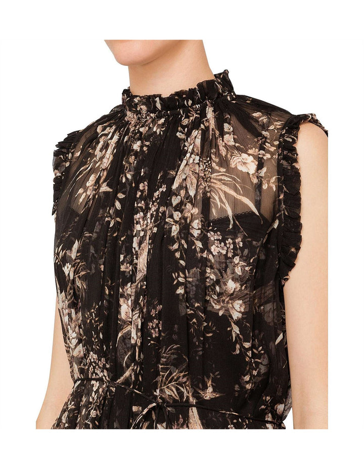 ZIMMERMANN MAPLES RUFFLE NECK Silk Birds Midi Dress Size 0 XS ladies