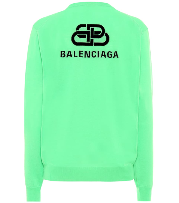 Balenciaga Intarsia Logo Crewneck Fuorescent Green Wool Knit Sweater Jumper XS ladies
