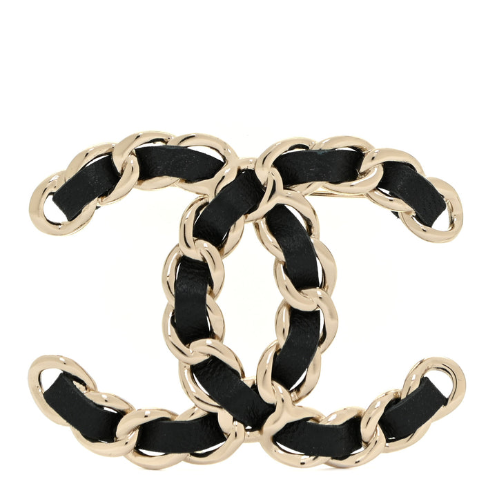 Chanel 2022 Latest Collection Lambskin Chain CC Brooch Black Leather Gold ladies