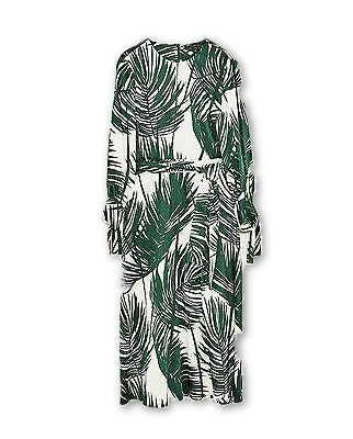 ZARA MOST WANTED ECRU GREEN LEAF MIDI TEA DRESS Ladies