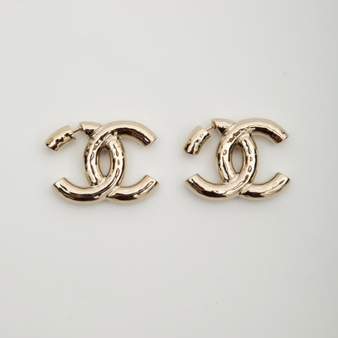 Authentic NWT 2022 CHANEL Hoop Stud Earrings Black Leather Gold Chain CC  Logo