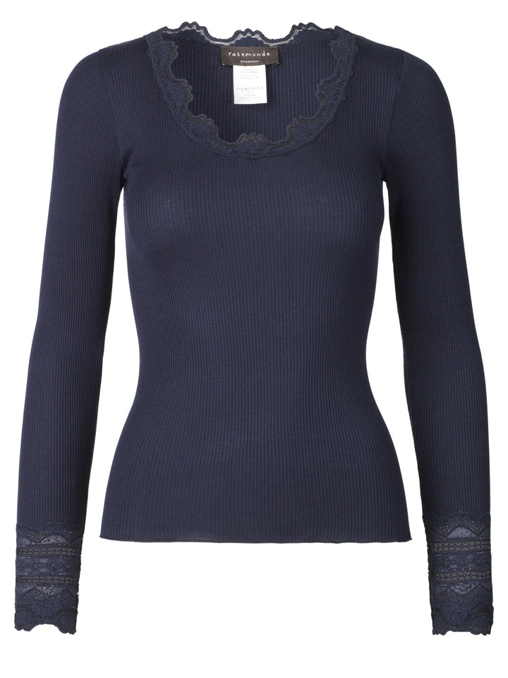 Rosemunde Copenhagen Silk Cotton Long Sleeve Lace Top - Navy Size L Large Ladies
