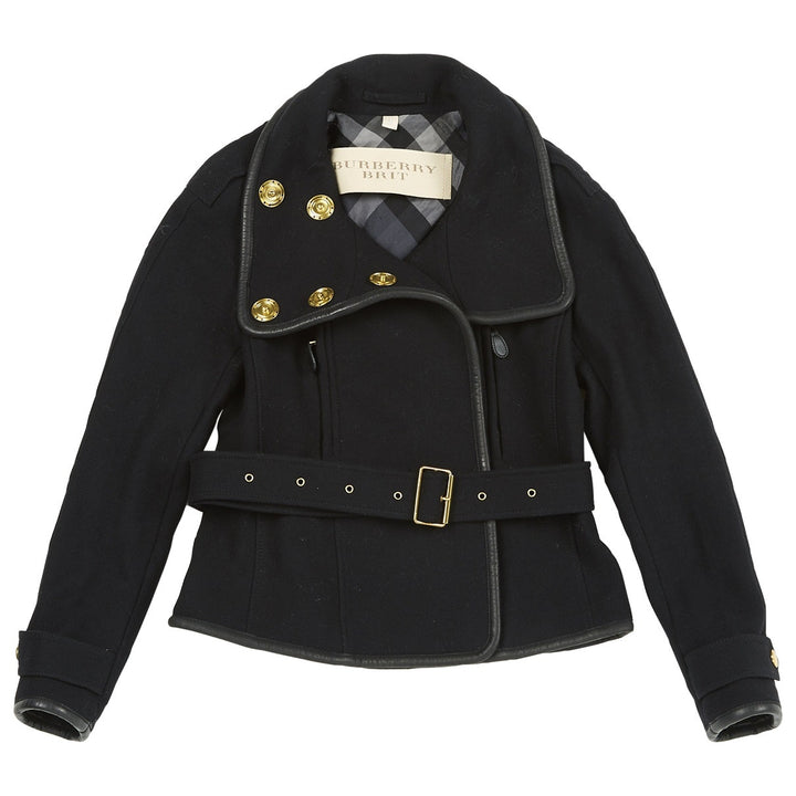 BURBERRY Brit Cashmere and Wool Leather Trim Navy Coat Ladies