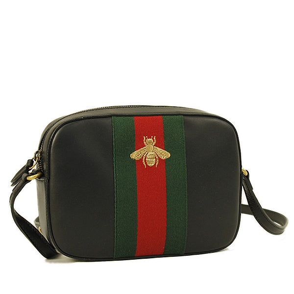 GUCCI Women's Black 'webby' Bee Embroidery Web Leather Crossbody Bag Handbag ladies
