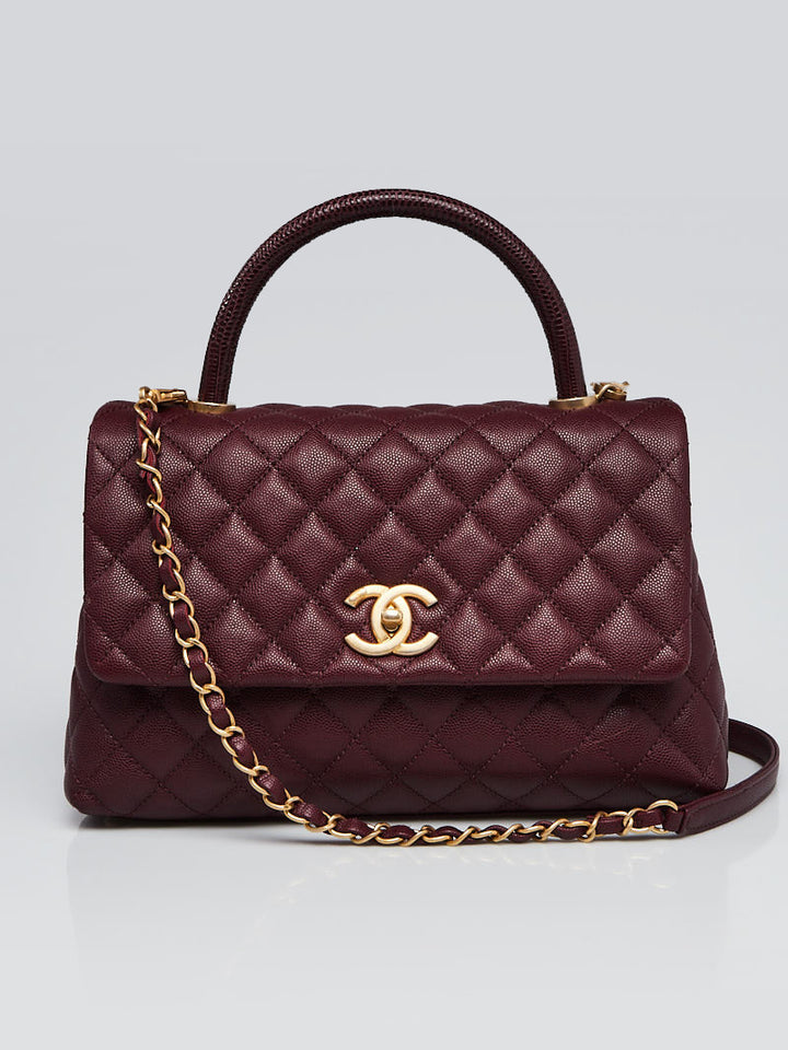 CHANEL Caviar Lizard Embossed Quilted Small Coco Handle Flap Burgundy Bag ladies