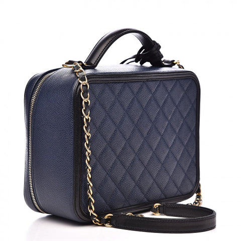 CHANEL Caviar Quilted Large CC Filigree Vanity Case Navy Black Bag Han –  Afashionistastore