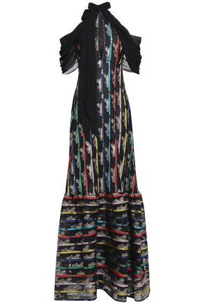 MARY KATRANTZOU Cheetah Cold-shoulder printed lamé pussy bow gown Ladies