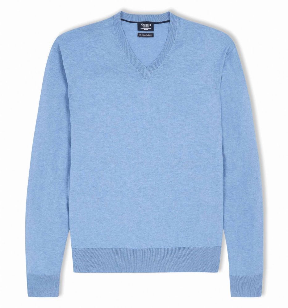 HACKETT LONDON LAMBS WOOL KNIT V NECK BLUE SWEATER JUMPER  Men