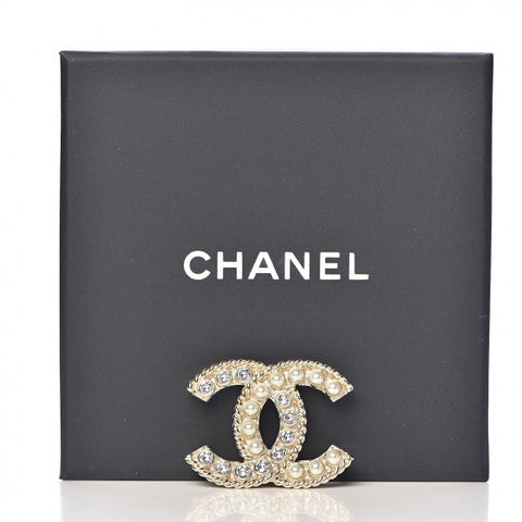 CHANEL Limited Edition 2020 Pearl Crystal CC XL Brooch Gold Pearly Whi –  Afashionistastore