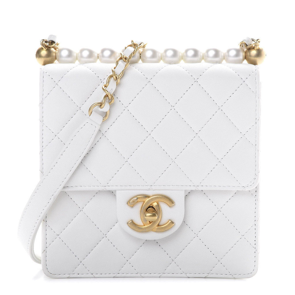 CHANEL 2019/2020 Lambskin Quilted Chic Pearls Flap White Bag