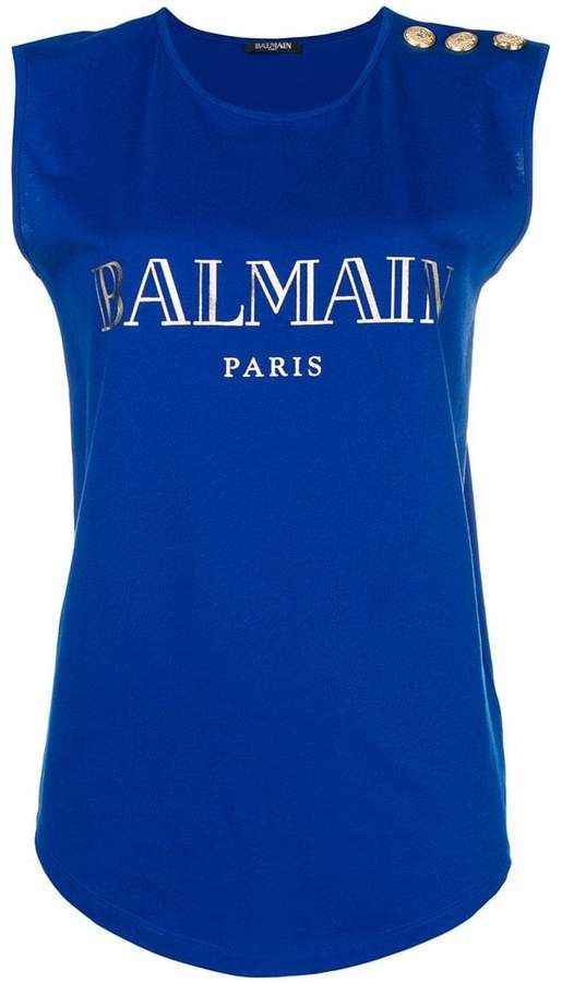 Balmain Logo Cotton blue sleeveless logo print cotton t-shirt Size F 36 S small ladies