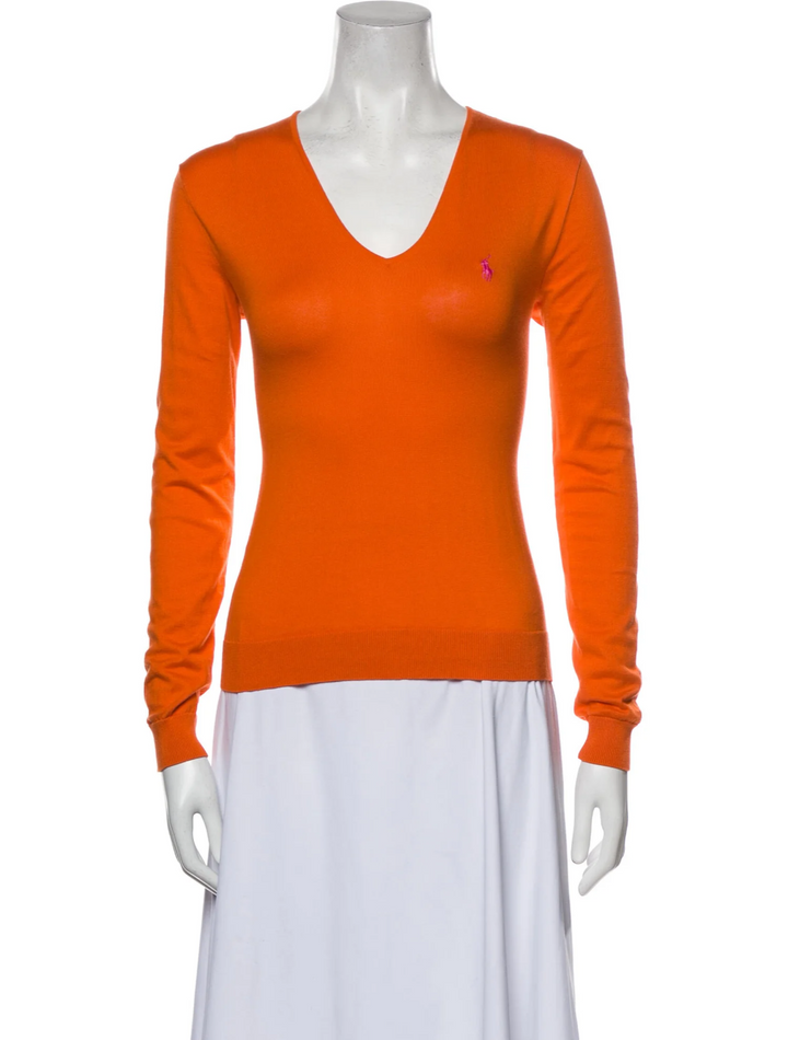 Ralph Lauren Pure Cashmere Neon Orange V neck Jumper Sweater Size M medium ladies