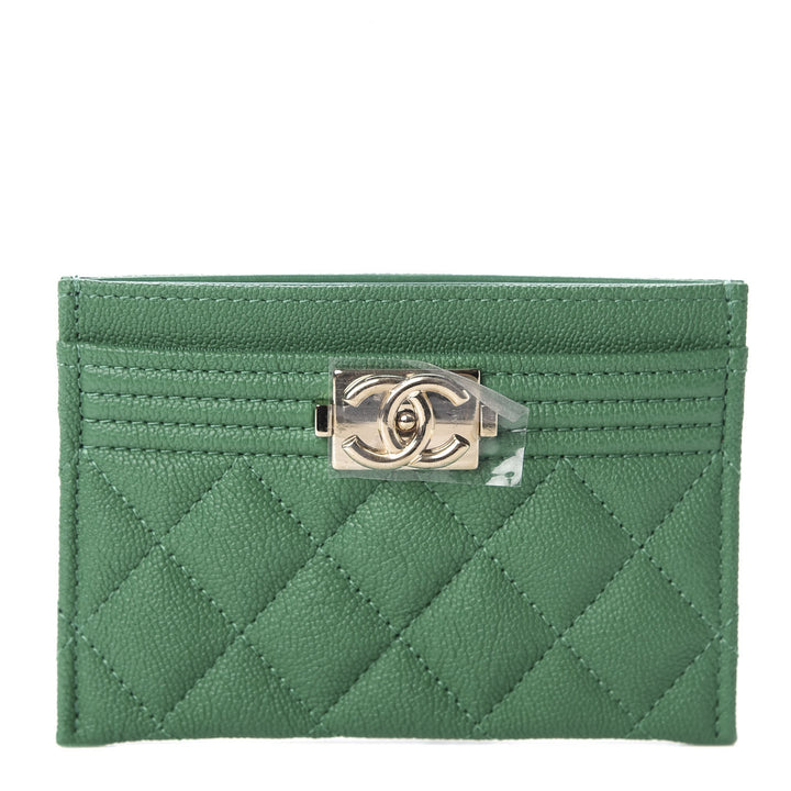 Chanel Boy 2020 Card Holder Quilted Grained Calfskin & Silver-Tone Metal Green ladies