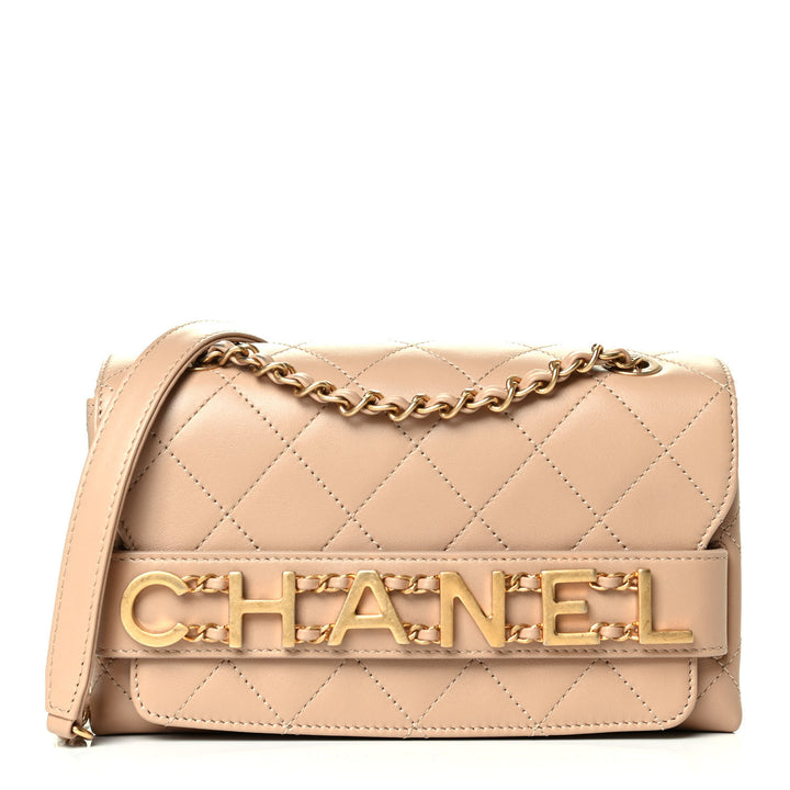Chanel SOLD OUT Logo Calfskin Quilted Small Enchained Flap Beige Bag Handbag ladies