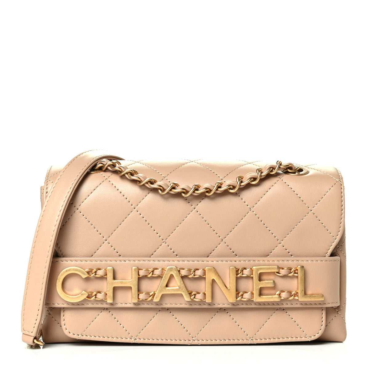 Chanel SOLD OUT Logo Calfskin Quilted Small Enchained Flap Beige Bag H –  Afashionistastore