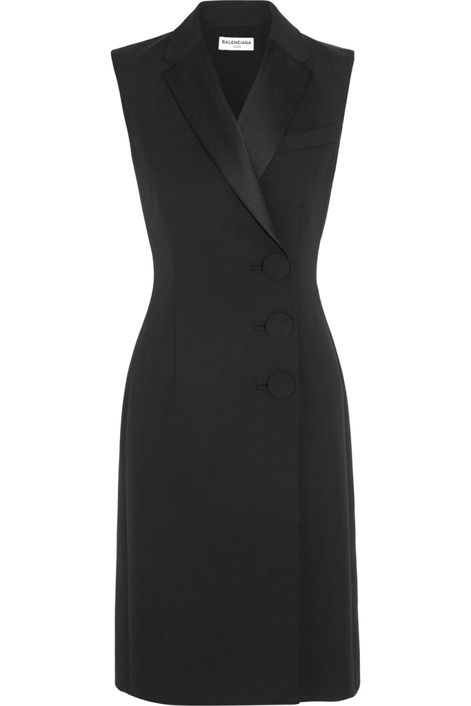 Balenciaga Black Satin-trimmed Crepe Three Button Dress Coat Size F 38 Afashionistastore Balenciaga Black Satin-trimmed Crepe Three Button Dress Coat Size F 38 Afashionistastore