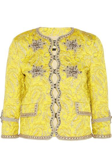 GUCCI YELLOW BROCADE SILVER EMBELLISHED BLAZER JACKET ($6400) SZI 36 UK 4 US 0 ladies
