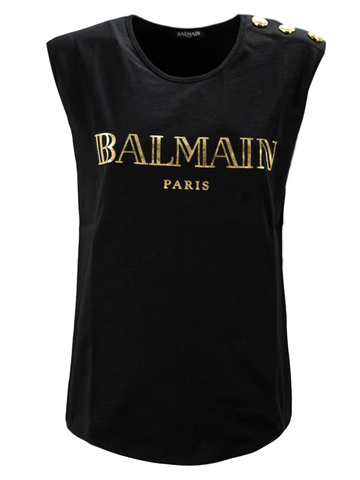 BALMAIN Button-shoulder Golden Logo Muscle Tee In Black F 34 & F 36 ladies