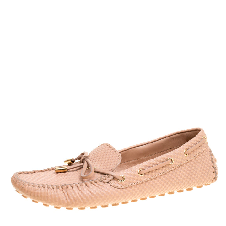 Louis Vuitton Beige Petit Damier Embossed Leather Gloria Bow Loafers Size 36 Ladies