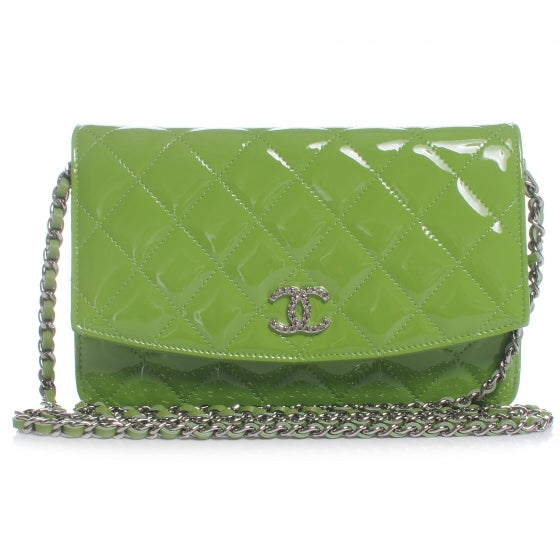 CHANEL Patent Quilted Wallet On Chain WOC Lime Green Bag Handbag Rare Ladies