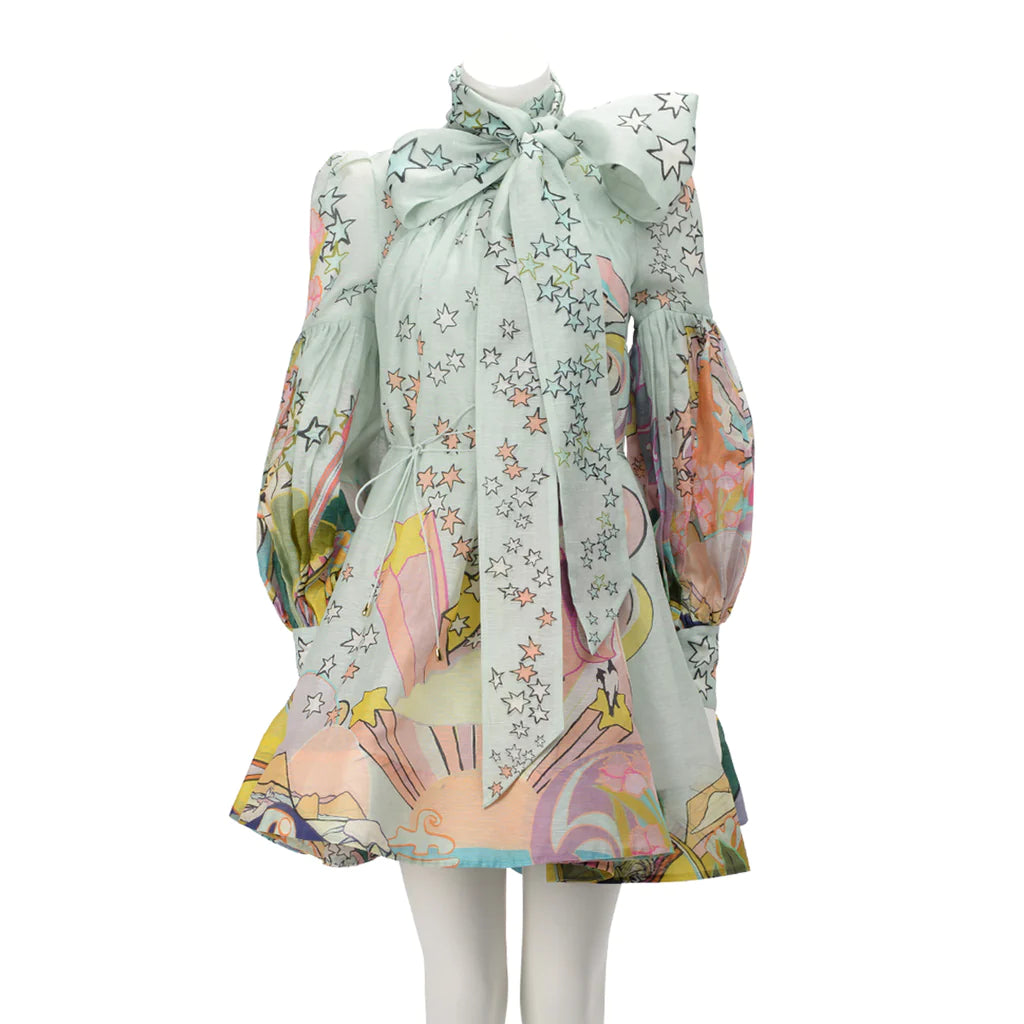 ZIMMERMANN MOST Wanted Collage Concert Tie Neck Mini Dress Size 0 XS ladies